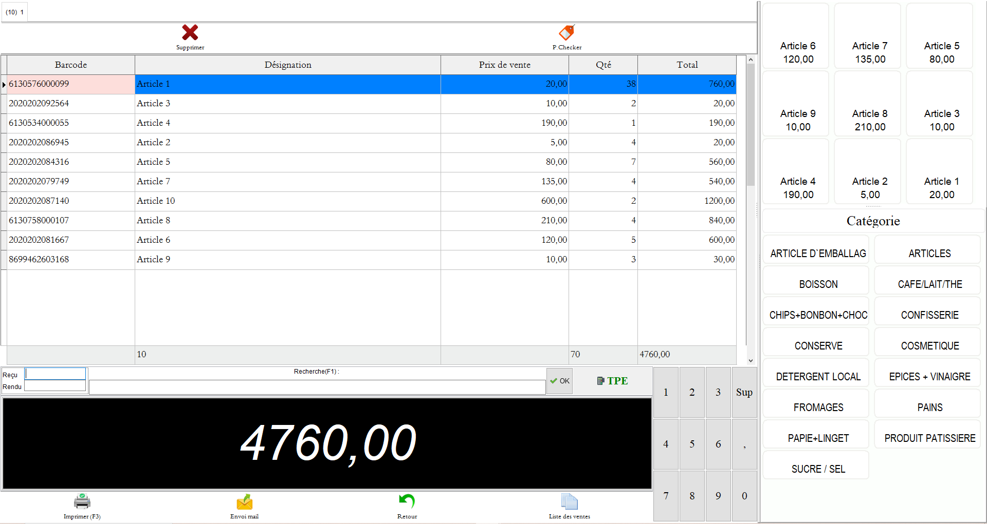 Interface de caisse avec panier, saisie code-barres, remise et total